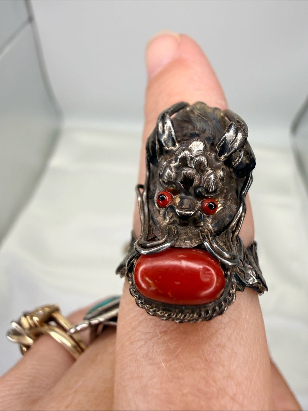 Vintage Silver Dragon Ring with Red Stone - Men's Statement Jewelry